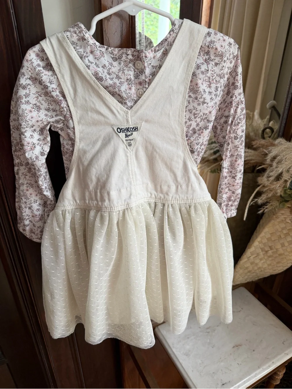 OshKosh B'gosh Cream Overall Dress with Pink Floral Top
